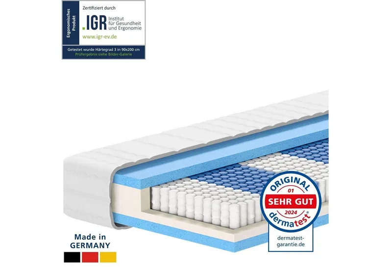 Taschenfederkernmatratze 1000 Federn, 7-Zonen Federkernmatratze, Besonders Anpassungsfähig, AM Qualitätsmatratzen, 24 cm hoch, 80x200 cm – Produktbild 3 von 7