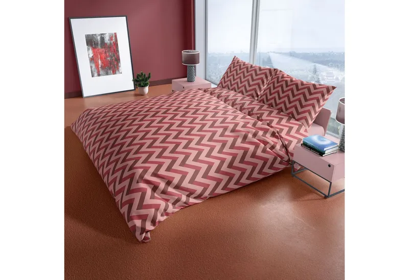 Leonado Vicenti Bettwäsche Baumwolle 135x200 cm und 155x220 cm, Jersey, 2 teilig, Zick Zack Muster, Ganzjährig verwendbar, Rosa|rot, – Produktbild 5 von 5