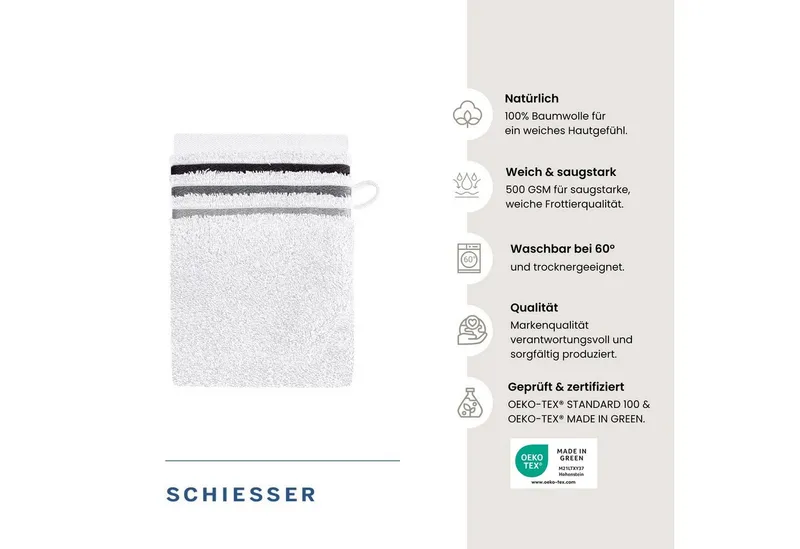 Schiesser Schiesser Waschhandschuh Skyline Color aus 100 % Baumwolle mit eleganter Streifenbordüre, (5-St), OEKO-TEX® MADE IN GREEN, Weiß, – Produktbild 2 von 5