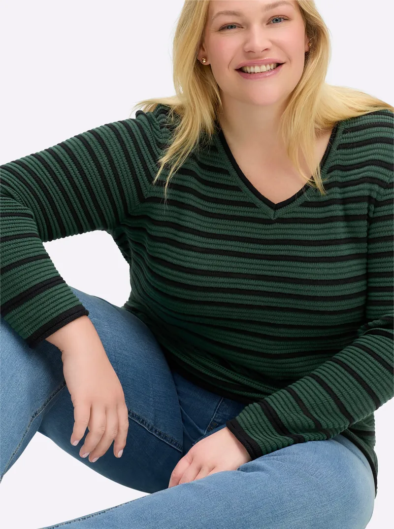 sheego Streifenpullover, Moos-schwarz-geringelt, – Produktbild 1 von 2