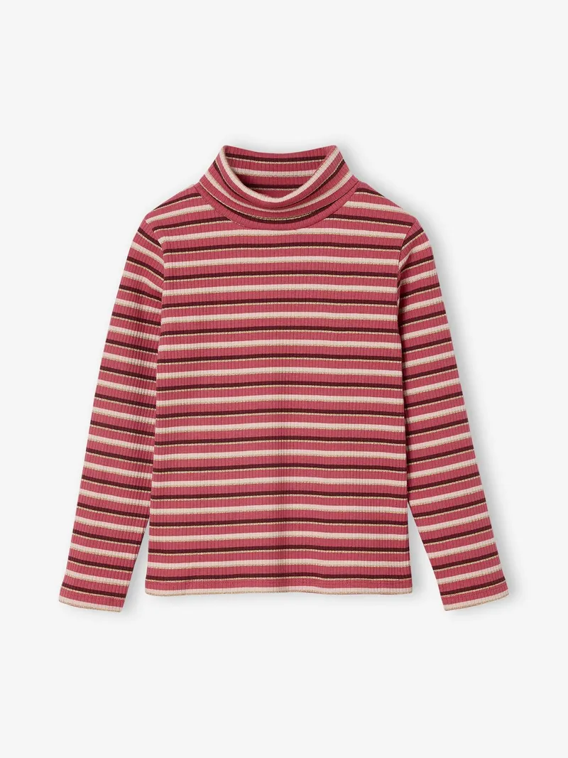 Vertbaudet Geripptes Mädchen Rollkragen-Shirt, Himbeer, – Produktbild 1 von 2