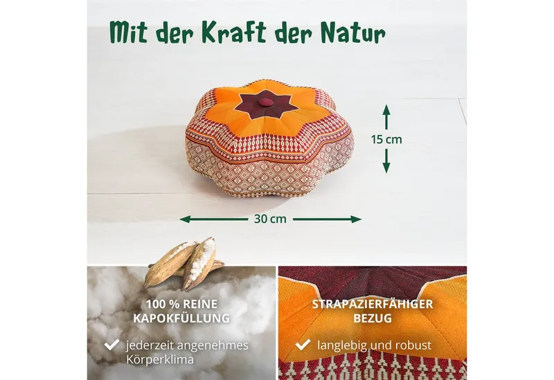 livasia Meditationskissen Zafukissen Stern klein, vegan und handgefertigt, 30x15cm, Kapok, Orange, – Produktbild 4 von 5