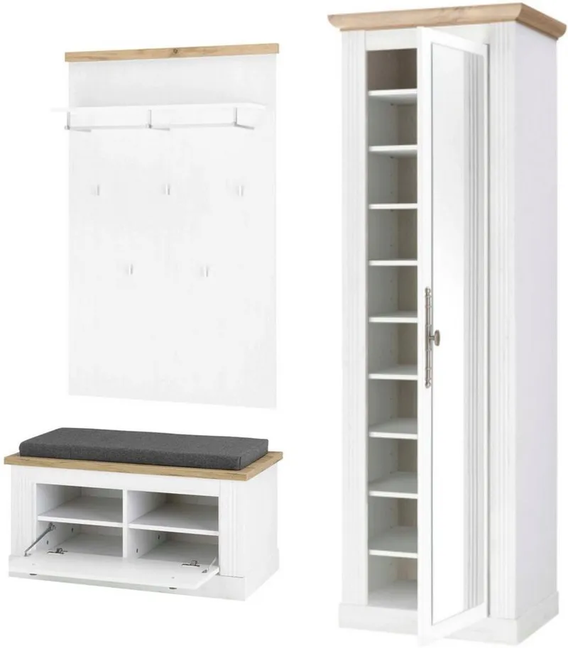 OTTO home Garderoben-Set Westminster, Garderobe im Landhausstil, Komplettset mit viel Stauraum, (3-St), enthält Schuhbank +Sitzkissen, Paneel & Garderobenschrank, Weiß, – Produktbild 4 von 5