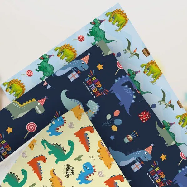 Fines Papeterie Fines Papeterie 3x 3m Geschenkpapier HAPPY BIRTHDAY DINO Set für Kinder 3 Rollen je 300x47 cm Einpackpapier mit Dinosauriern – Produktbild 2 von 4