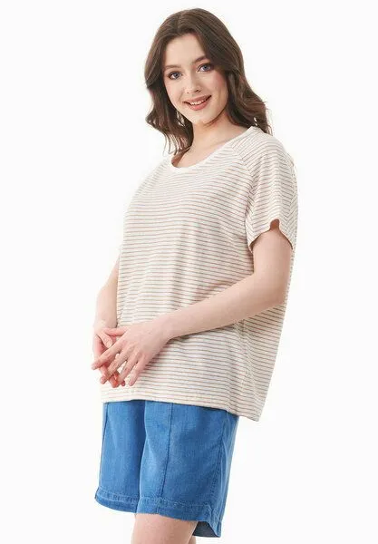 ORGANICATION ORGANICATION Gestreiftes T-Shirt aus Bio-Baumwolle und Leinen, Off white/tan, – Produktbild 4 von 4