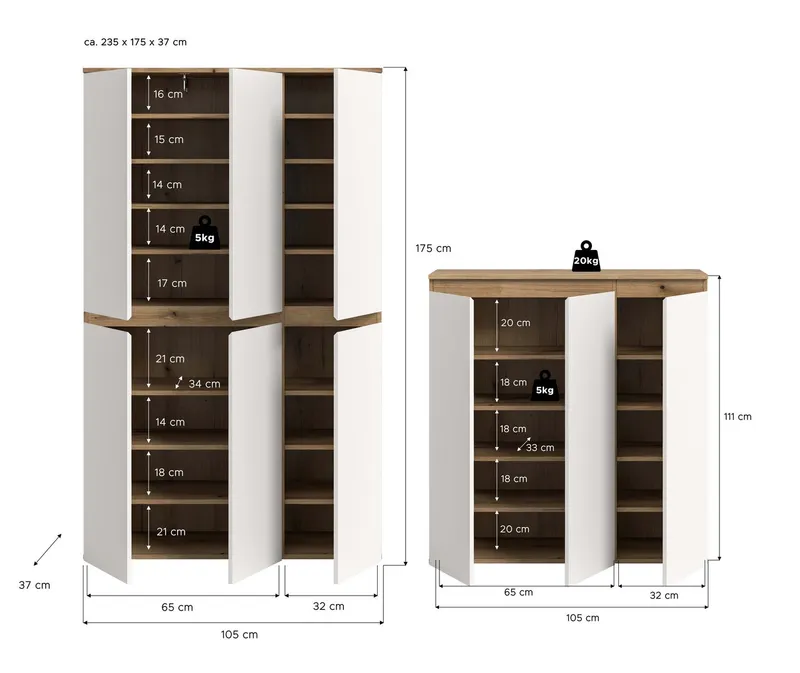 furnling Mehrzweckschrank-Set Sarca - in 5 trendigen Farben, (2-St., bestehend aus Kommode, Universalschrank), 1 Kleiderstange, großzügiger Stauraum durch 28 Fächer, Breite 235 cm, Weiß, – Produktbild 5 von 5