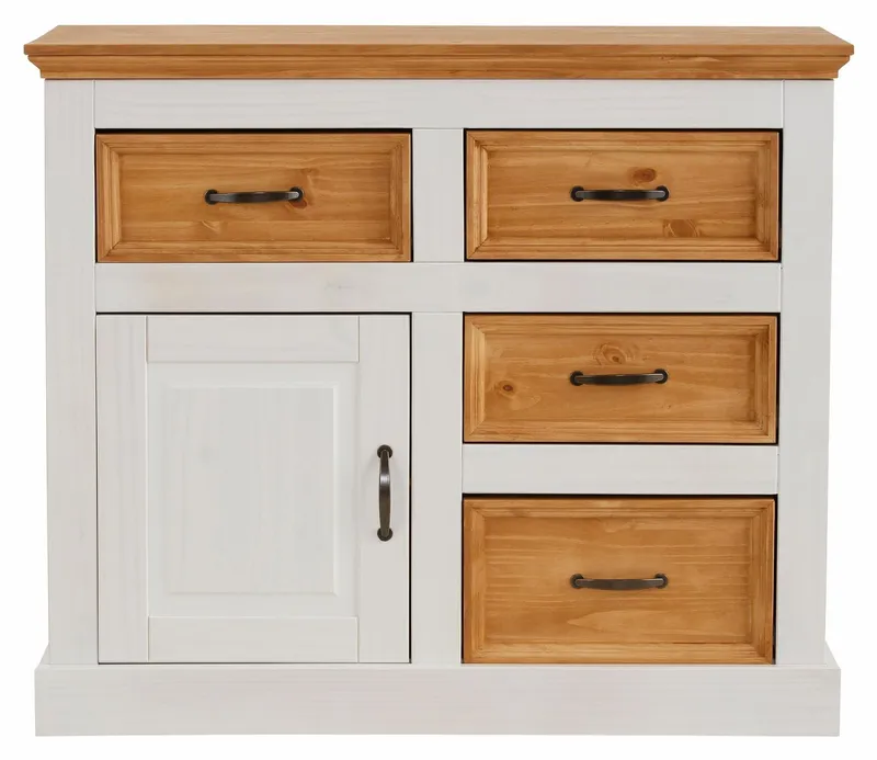 OTTO home Sideboard Selma Kommode mit 1 Tür, 3 Schubläden und 2 Fächer, Metallgriffe, aus massivem Kiefernholz, natürlichen Maserung, Breite/Höhe 100/87 cm, Weiß, – Produktbild 4 von 5