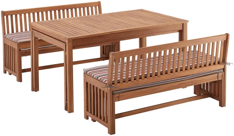 Merxx Merxx Garten-Essgruppe Hawaii, (4x Bänke, 2x Tische, 4x Sitzkissen), Akazienholz FSC® 100 %, Braun, – Produktbild 3 von 5