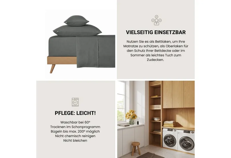 Schiesser Schiesser Bettlaken Smoothy aus glatter Baumwolle in klassischer, hotelinspirierter Optik, Renforcé, Gummizug: ohne, (1 Stück), Oeko-Tex® zertifiziert, Grau, – Produktbild 5 von 5
