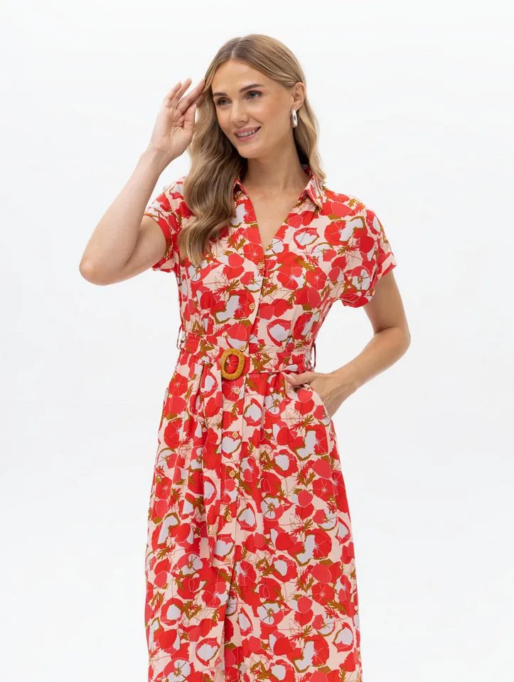 Passioni Hemdblusenkleid mit Blumenprint Sommerkleid mit floralem Print in Rot- Orange – Produktbild 4 von 5