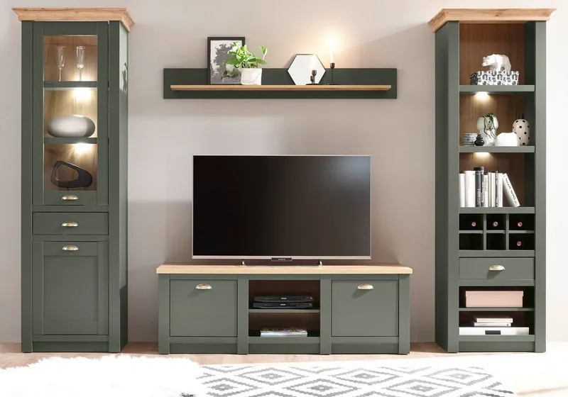 Furn.Design Wohnwand Norwich, (Wohnkombination 4-teilig, dunkelgrün mit Wotan Eiche, 308 x 207 cm), Landhausstil – Produktbild 2 von 5