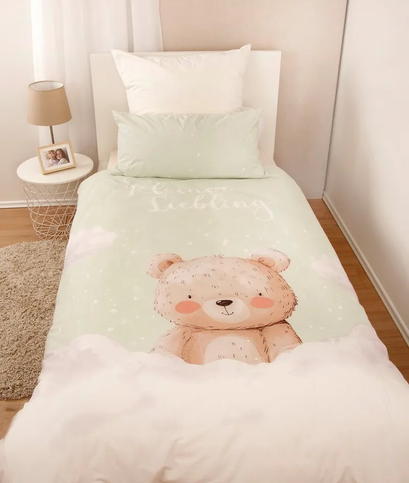 OTTO home Kinderbettwäsche Kleiner Liebling in Gr. 100x135 und 135x200 cm, Renforcé, 2 teilig, aus Baumwolle, mit niedlichem Bärenmotiv & Schriftzug, Babybettwäsche, Grün, – Produktbild 5 von 7