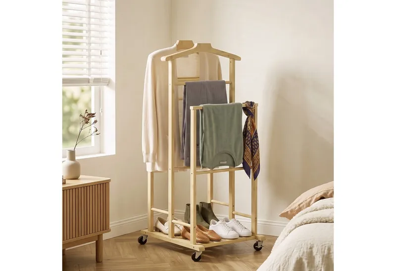 HOMCOM HOMCOM Garderobenständer Kleiderständer Garderobe mit Kleiderstangen aus Bambus, Schuhregal, (Set, 1 St., 1), für Schlafzimmer, Ausstellungen, Waschküche, Beige, – Produktbild 1 von 5