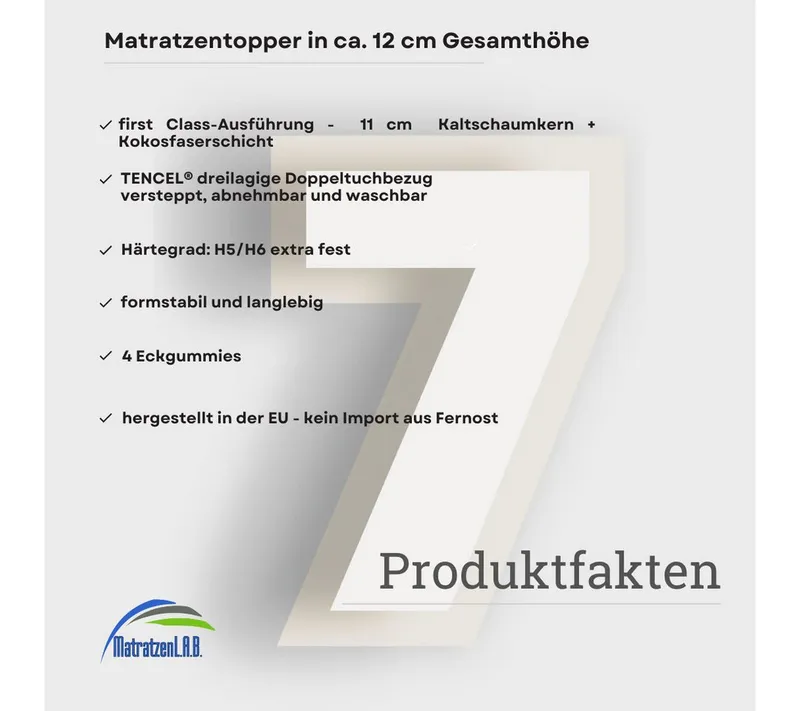 MatratzenL.A.B®, Topper TENCEL™ Lyocell® Premium Bezug H5 & H6 extra hart, 12 cm hoch, 200, Matratzentopper ideal für Ihre Boxspringbett – Produktbild 3 von 5