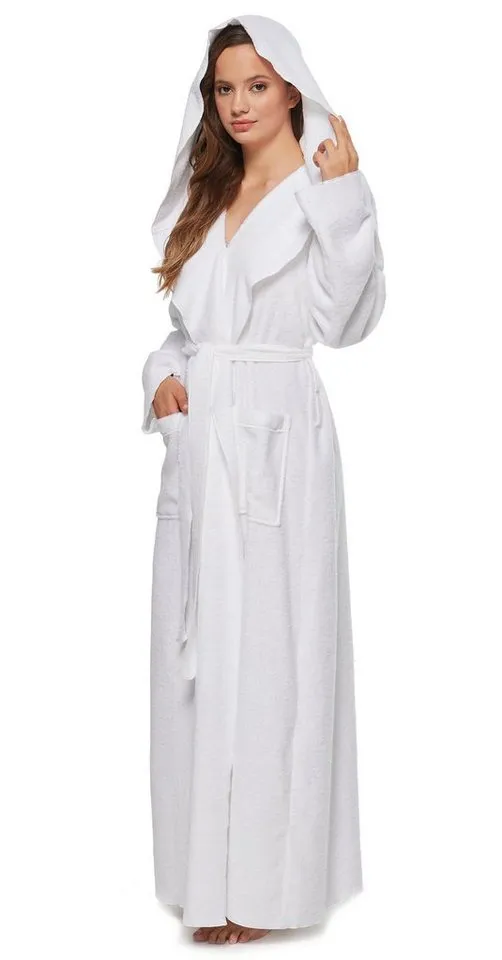Arus Arus Damenbademantel Angel, extra lang, mit Kapuze, ideal für Zuhause & Wellness, Langform, 100% Baumwolle, Kapuze, Gürtel, mit Kapuze, extra lang, leicht, 100 % Baumwolle-Frottee, Weiß, – Produktbild 2 von 4