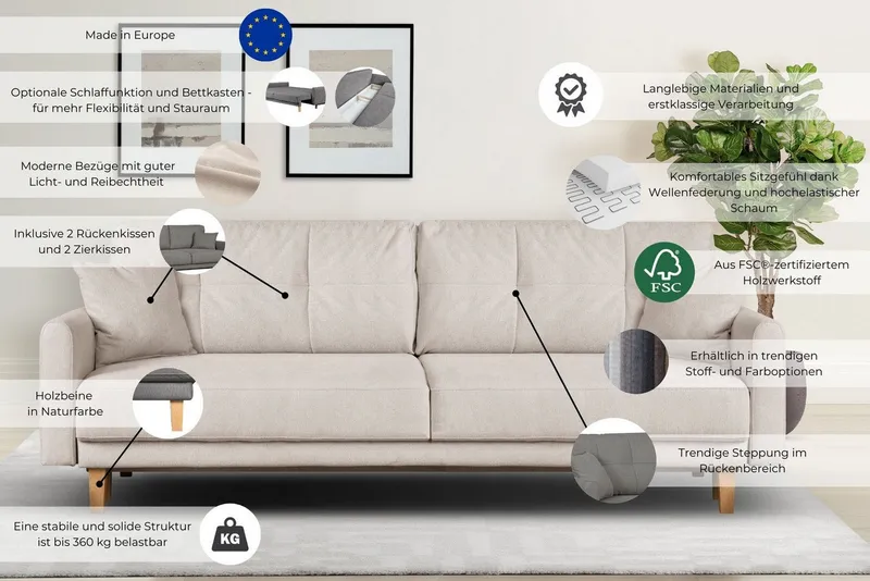 OTTO home 3-Sitzer TRIPLO optionale Schlafsofa mit Bettkasten, Maße B/T/H: 215/100/89 cm, Wahlweise Bettfunktion - Liegefläche 145x191 cm, Rücken-, Zierkissen, Beige, – Produktbild 4 von 5