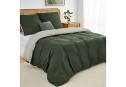 Topfinel Bettwäsche 135x200cm 4 teilig winterbettwäsche mit reißverschluss bügelfrei wärm, satin, 3 teilig, kühlende bettwäsche 200x200 Olivengrün Leinen wendebettwäsche boho – Produktbild 1 von 1