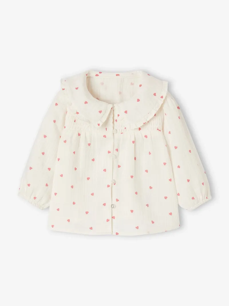 Vertbaudet Mädchen Baby Bluse aus Musselin mit Herzen, Wollweiß, – Produktbild 2 von 4