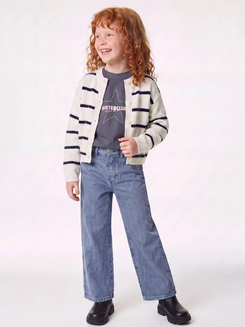 Vertbaudet Weite Mädchen Hose mit Blumenstickerei, Graublau, – Produktbild 2 von 3