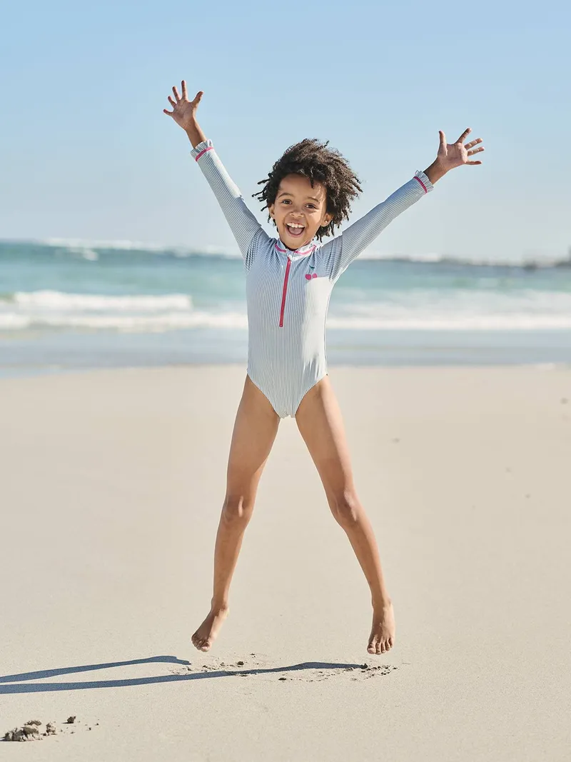 Vertbaudet Gestreifter Badeanzug mit UV-Schutz, Aqua, – Produktbild 1 von 4