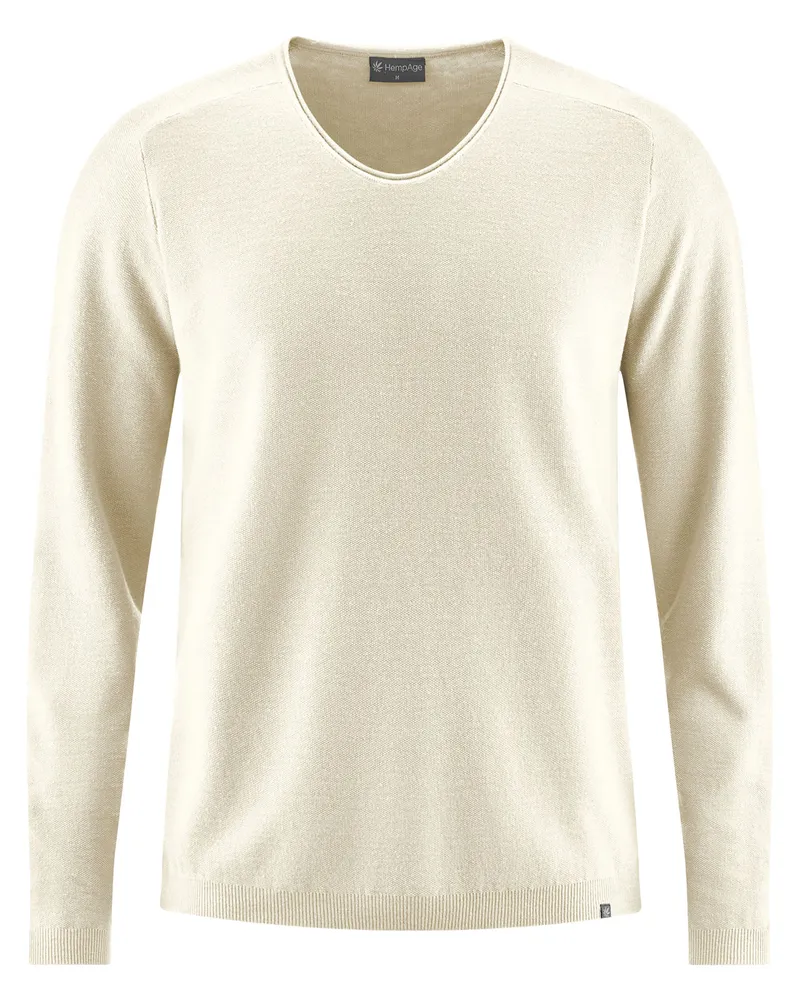 HempAge Hempage Herren vegan Strickpullover Mit V-Ausschnitt Naturfarben, Weiß, – Produktbild 1 von 2