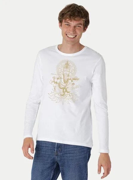Peaces.bio - handbedruckte Biomode Peaces.bio - handbedruckte Biomode Bio-Herren-Langarmshirt Ganesha, Weiss, – Produktbild 2 von 3