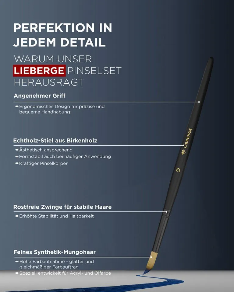 LIEBERGE Malpinsel Premium Set Acryl – 9 Acrylpinsel, inkl. Präsenter, (Set, 9 St., Pinselpräsenter, Flachpinsel, Rundpinsel, Katzenzungenpinsel), Synthetikhaar, vegan, langlabig, hohe Farbaufnahme, Anfänger, Profis, Schwarz, – Produktbild 5 von 5