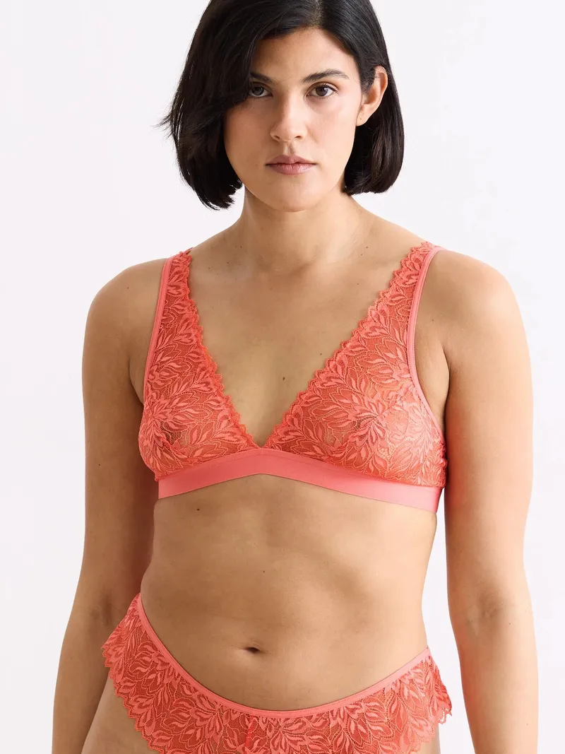erlich textil erlich textil Dreamy Lace Plunge Bra BH mit Spitze aus recyceltem Polyamid, made in Europe, Wilde orange, – Produktbild 1 von 7