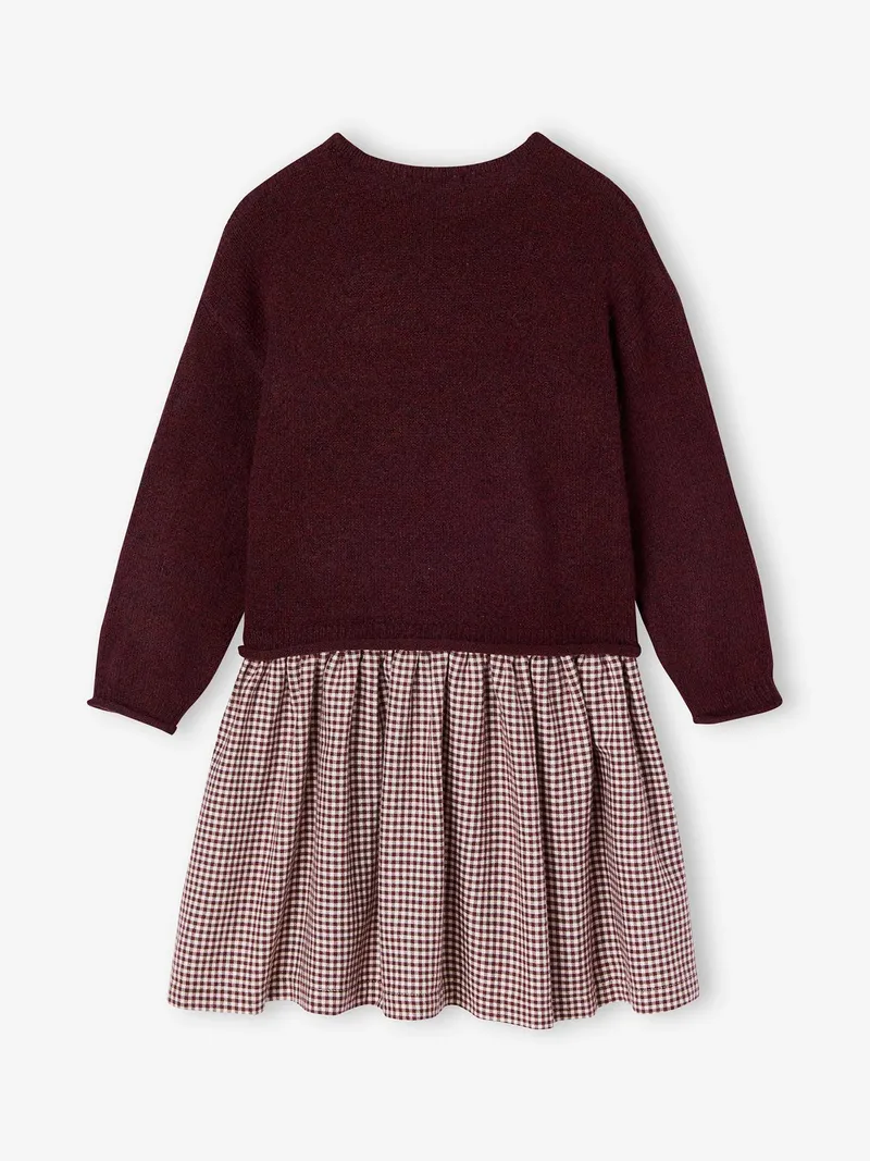 Vertbaudet 2-in-1-Kleid mit Strickoberteil Mädchen, Pflaume/vichykaro, – Produktbild 2 von 4