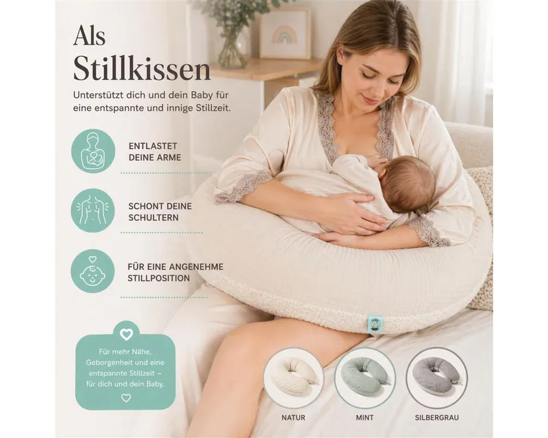 SEI Design Stillkissen Musselin GOTS & Teddyplüsch, Faserbällchen, IGR, Natur, 190x35, Schwangerschaftskissen mit Bezug, 1-tlg., Schwangerschaftskissen mit Bezug, Bezug Musselin Baumwolle, Beige, – Produktbild 4 von 5