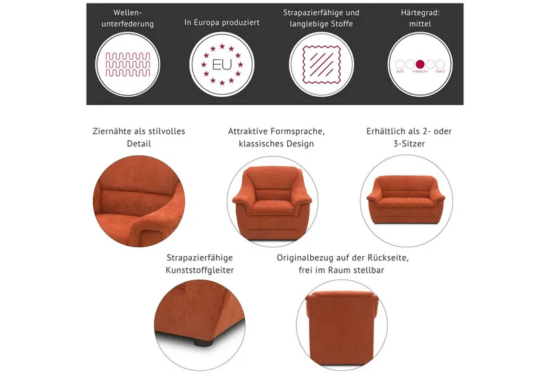 DOMO collection 2-Sitzer Lale formschönes und komfortables Sofa, zeitlos und elegant, optimal für kleinere Räume, Grau, – Produktbild 4 von 5