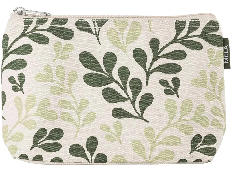 MELA Große Kosmetiktasche | von MELA | Fairtrade & GOTS zertifiziert, Greige / green leaf print, – Produktbild 1 von 2