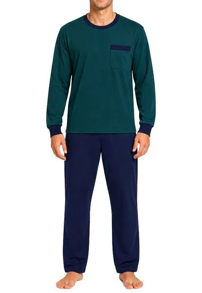 Haasis Bodywear Haasis Bodywear Herren Pyjama Rundhalsausschnitt, Bio Baumwolle, Flaschengrün/navy, – Produktbild 2 von 3