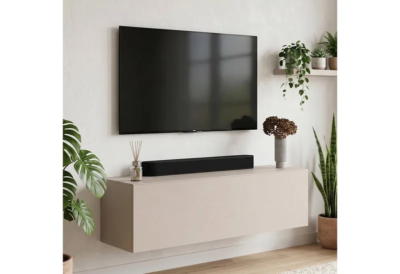 Planetmöbel TV-Schrank West TV-Board, Fernsehtisch 100 cm lang, TV-Lowboard (für Fernseher bis 55 Zoll, TV Schrank viel Stauraum, 1-St., sideboard hängend, Fernsehschrank 100 x 30 x 37,5 cm) kaschmir, Beige, – Produktbild 3 von 5