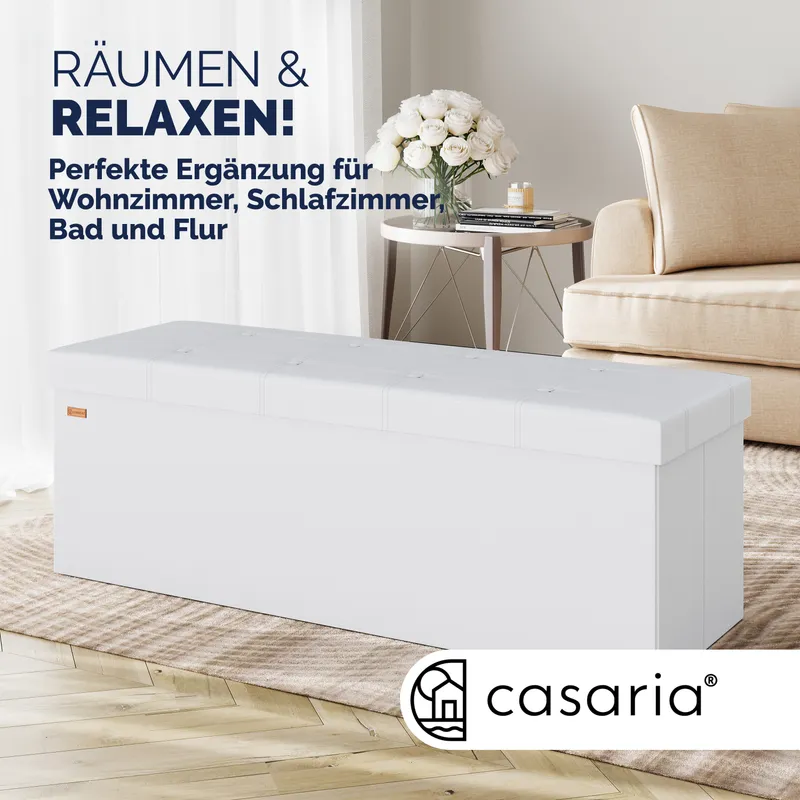 Casaria® Sitzbank Weiß 115x38x38cm mit Stauraum faltbar, Weiß, – Produktbild 2 von 2
