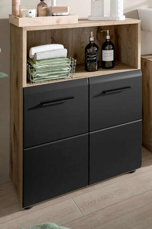 Inn.Furn Badkommode Cover (Badschrank in Schwarz und Eiche, 2-türig, 60 x 80 cm), mit viel Stauraum, Schwarz, – Produktbild 5 von 5
