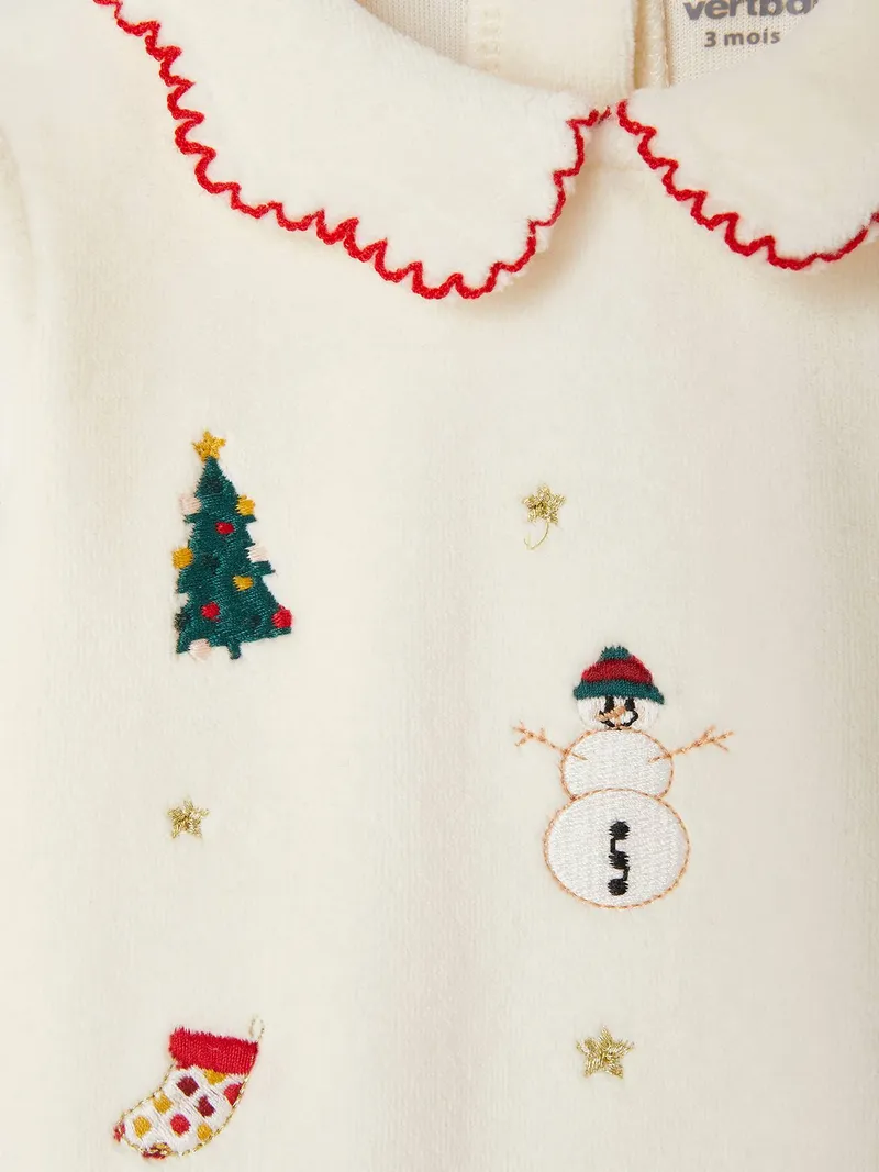 Vertbaudet Baby Samt-Strampler mit Weihnachts-Stickereien, Wollweiß, – Produktbild 4 von 4