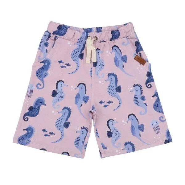 Walkiddy Kleinkinder Shorts GOTS-zertifiziert aus Bio-Baumwolle rosa mit Seepferdchen-Motiv – Walkiddy – Produktbild 1 von 2