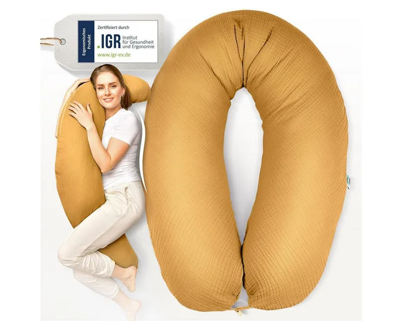 SEI Design Stillkissen Seitenschläferkissen XXL Babynest - Baby Erstausstattung Neugeborene, Schwangerschaftskissen 190x30 cm, Schwangerschaftskissen mit Bezug, Musselin Bezug 100% BIO Baumwolle, Gelb, – Produktbild 2 von 5