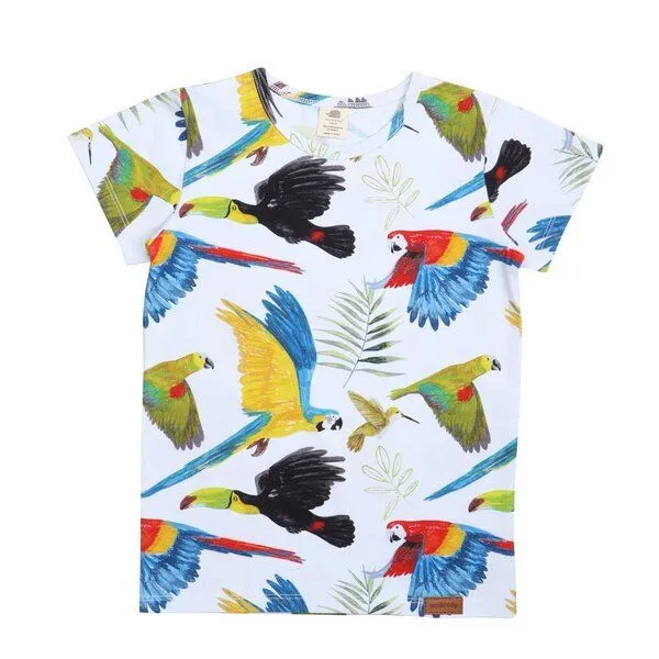 Walkiddy Baby T-Shirt GOTS zertifiziert Bio-Baumwolle, Blau, Regenwald-Vögel Muster, Walkiddy – Produktbild 1 von 2