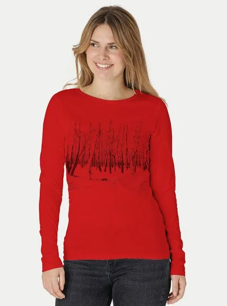 Peaces.bio - handbedruckte Biomode Peaces.bio - handbedruckte Biomode Damen Langarmshirt Woodland, Rot, – Produktbild 1 von 2