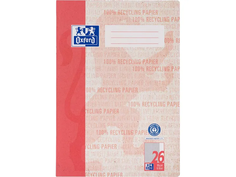 OXFORD OXFORD Recycling-Schulheft A4, 16 Blatt, Lineatur 26 (kariert, weißer Rand rechts) 90 g/m² – Produktbild 1 von 1