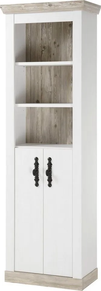 Home affaire Hochschrank Florenz, Badschrank im Landhausstil, Schrank mit Metallgriffen in Pinie Weiß, offene Fächer und ausreichend Stauraum hinter Drehtüren, Weiß, – Produktbild 2 von 5
