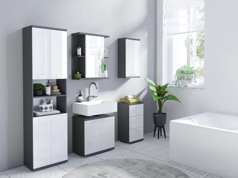 byLIVING Waschbeckenunterschrank Nebraska Breite 60 cm, mit Hochglanzlackierung und verchromten Metallgriffen, Grau, – Produktbild 5 von 5
