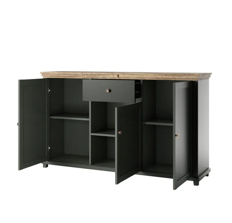 Lomadox Sideboard EPSOM-83, grün mit Lefkas Eiche Nb. Knopfgriffe messingfarben 160/93/42 cm, Grün, – Produktbild 2 von 5