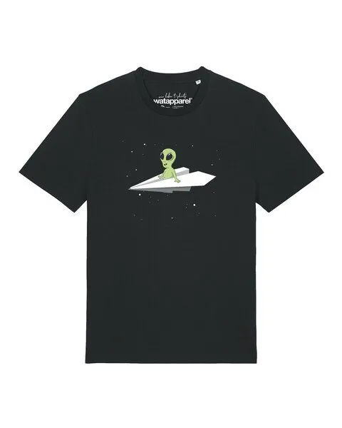 watapparel watapparel T-Shirt Unisex Alien on a paper plane, Black, – Produktbild 1 von 2