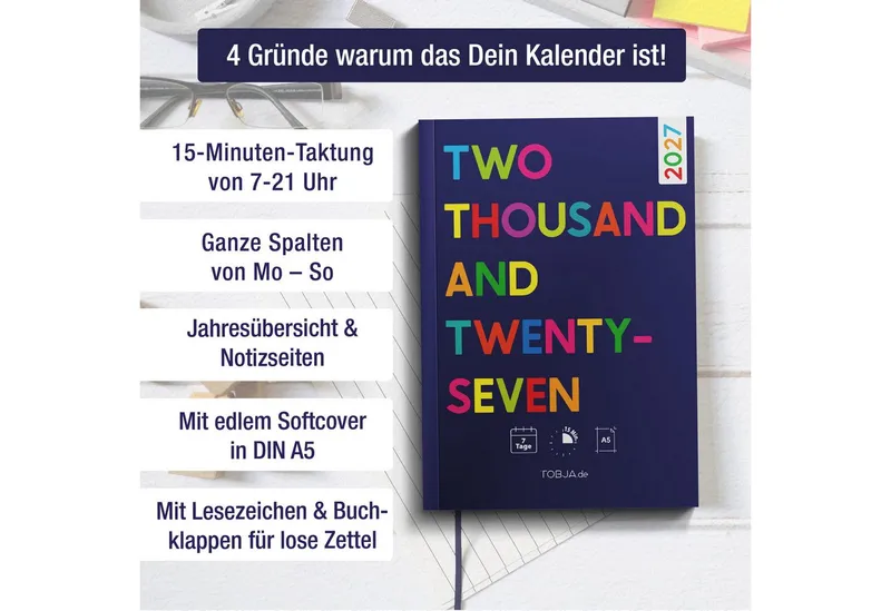 TOBJA Buchkalender Praxisplaner 2027 A5 Blue Pop Terminplaner 15 Min Takt FSC Friseur, 15-Min-Takt 7-21 Uhr, A5, 1 Woche 2 Seiten, FSC-Papier, Pop-Design, Schwarz, – Produktbild 2 von 5