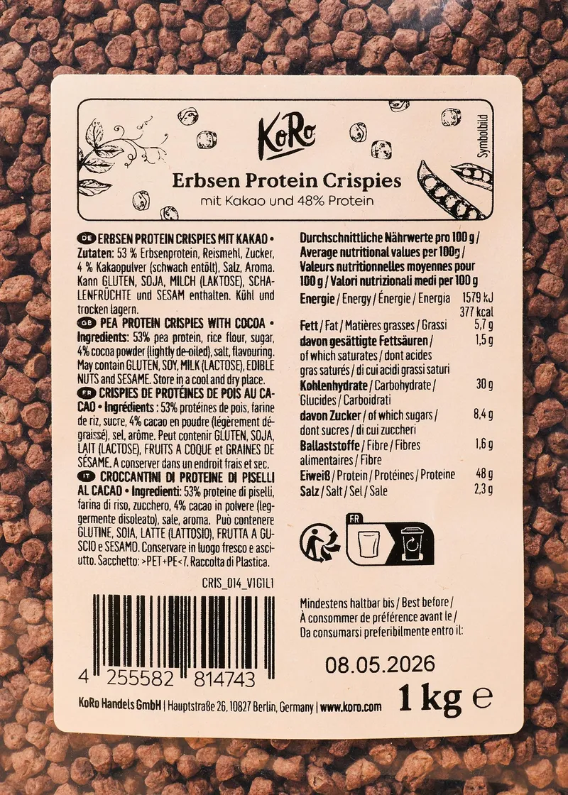 KoRo Erbsen Protein Crispies mit Kakao und 48 % Protein 1 kg – Produktbild 5 von 5