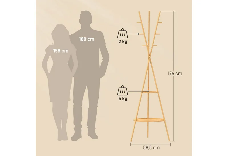 HOMCOM HOMCOM Garderobenständer Jackerständer Garderobe mit 9 Haken, für Flur, Eingangsbereich, (Set, 1 St., 1), aus Bambus, 2 Ablagefächer, Beige, – Produktbild 3 von 5