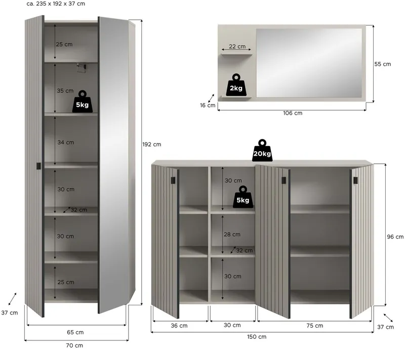 xonox.home Garderoben-Set, (3-tlg. Garderobenschrank, Schuhkommode & Garderobenspiegel), in Kaschmir Nachbildung B/H/T ca.: 235/192/37 cm, Braun, – Produktbild 4 von 5